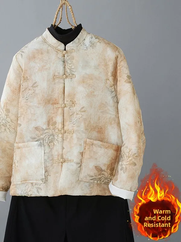 

Thiened Cotton Jaet Women's Sle Stand Collar Button Plaet Floral Print Cotton Linen Blend Winter Outerwear Coat