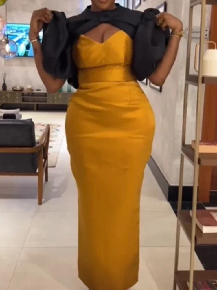 Elegante vestido fino corte curto manga bolha bainha preto amarelo retalhos noite cocktail festa jantar vestidos longos novo