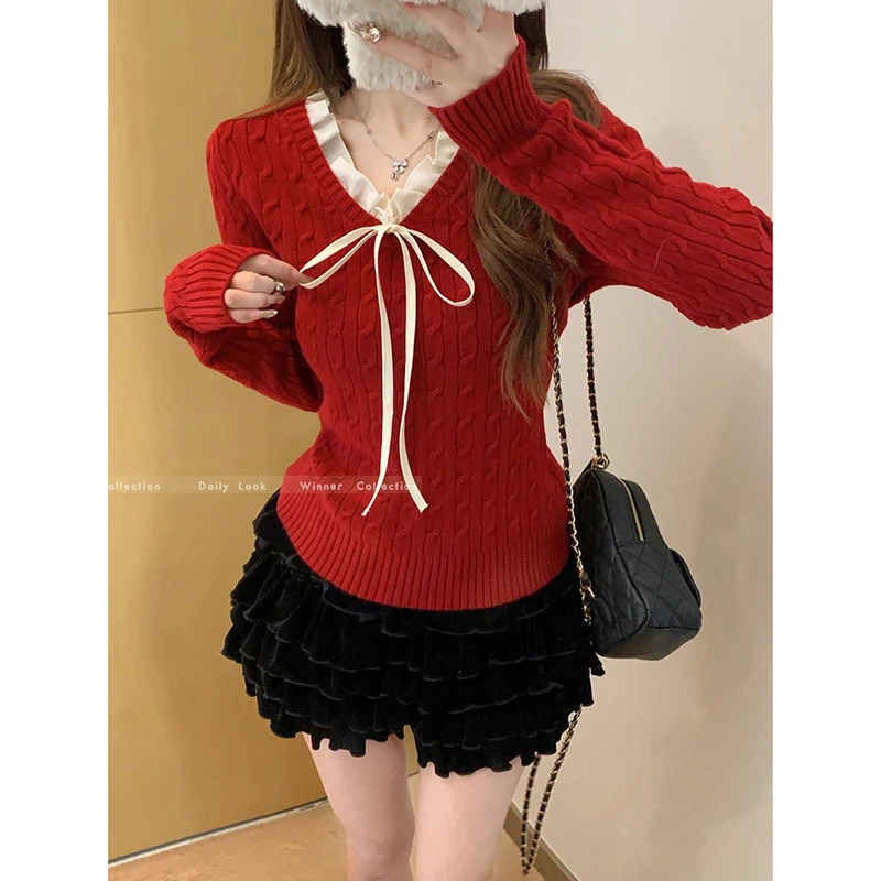 蝶ネクタイ長袖ニットセータープルオーバー女性 Y2K レーススプライスツイストセーター秋プレッピースタイルヴィンテージ V ネックジャンパー