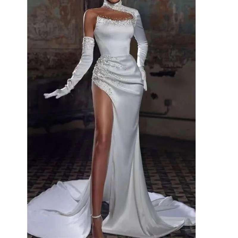 Gorgeous Sequined Beading Evening Dresses No Gloves Side Split Floor Length Chapel Train Gowns Special Occasion Prom Dress