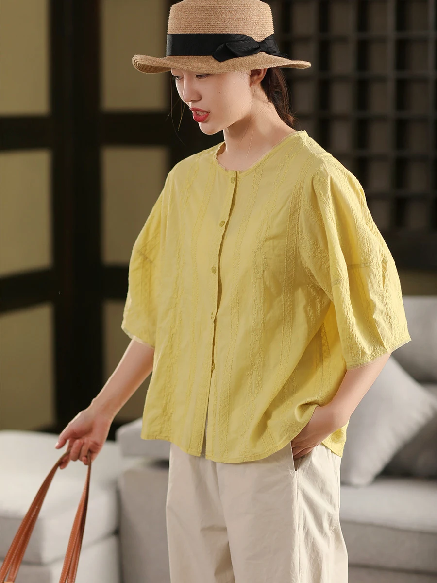 

Женская хлопковая блузка в стиле ретро с вышивкой, круглым вырезом, тонкая, для лета, для повседневной носки, свободного кроя, с обычным рукавом