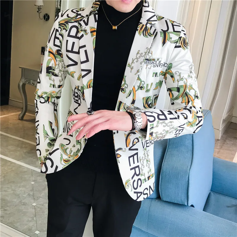 2022 spring and autumn men\'s personality trend printing slim button suit trendy small suit jacket men