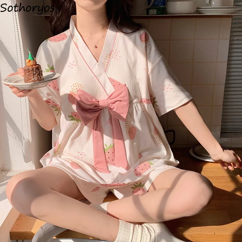 Summer V-neck Pajama Sets Women Sweet Strawberry Kawaii Tender Bow Design Sleepwear Japanese Style Breathable Lounge All-match