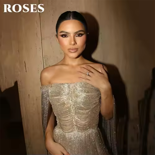 ROSES Gold Luxury Evening Dress Off Shoulder Tassel Party Dresses Cape Sleeve Prom Gown Shiny Mermaid robes du soir Customized - Image 4