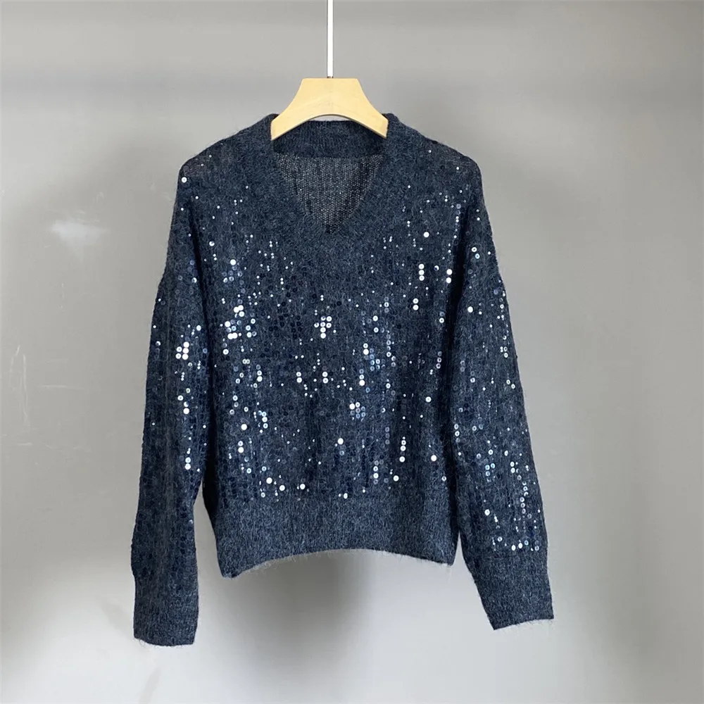 25 Early Autumn New Women's Sequines V-neck Wool Blend fluffy Soft Versatile Top