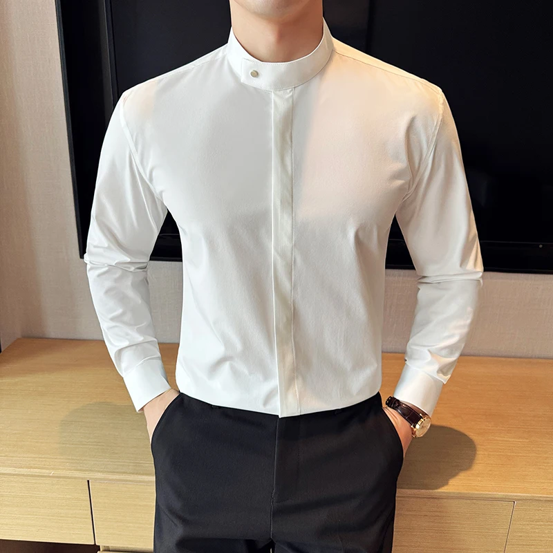 High Quality Stand Collar Men's Shirt Elastic Long Sleeved Casual Shirt Solid Color Slim Fit Business Social Formal Dress Shirts