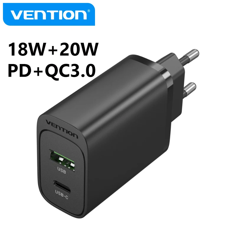 

Зарядное устройство Vention 38 Вт типа C USB A + USB C Зарядное устройство QC PD 3.0 для iPhone Xiaomi Huawei 2-портовый компактный адаптер для быстрой зарядки