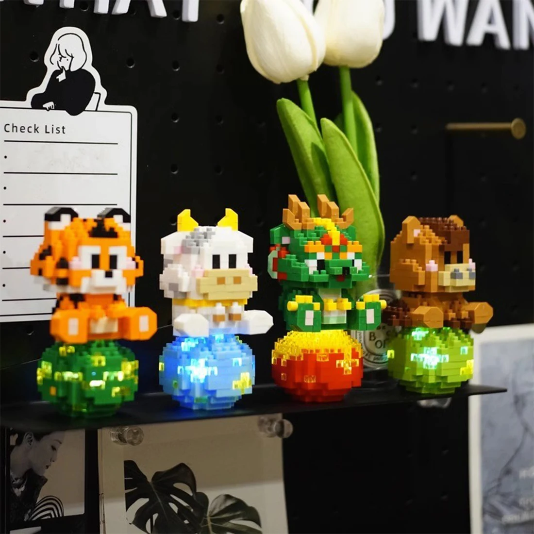 Mini blocs de construction Dragon avec lampe pour enfants, jouets modèles animaux, dessin animé, les douze signes du zodiaque chinois, micro brique, cadeau mignon