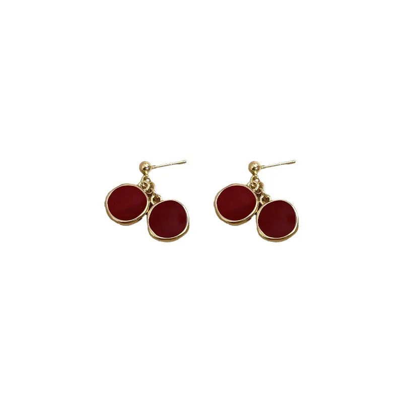 

Retro burgundy disc stud earrings niche design earrings