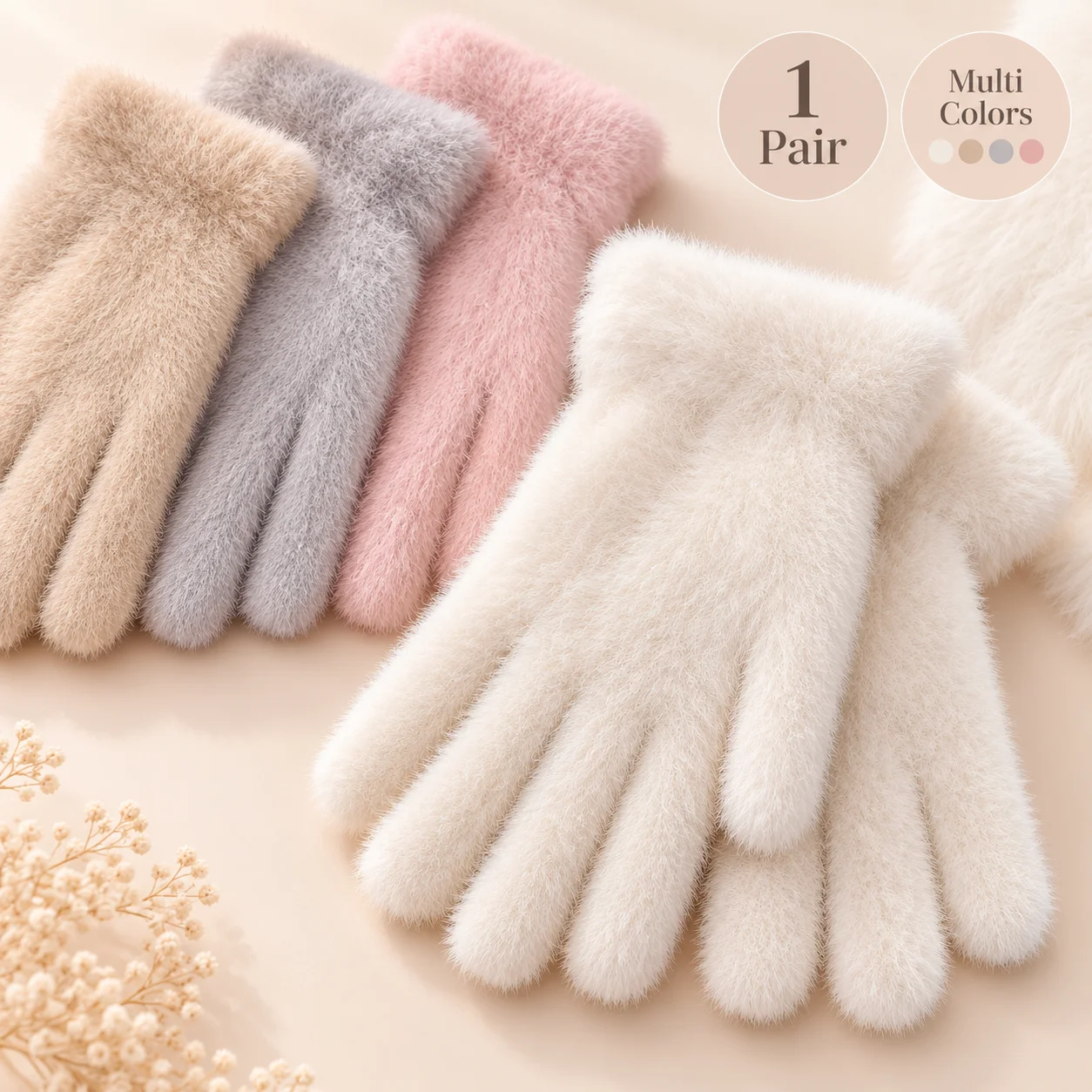 1Pair Fashion Winter Mink Velvet Five Finger Gloves Plush Warm Cold-proof Gloves Women Outdoors Cycling Solid Color Mittens