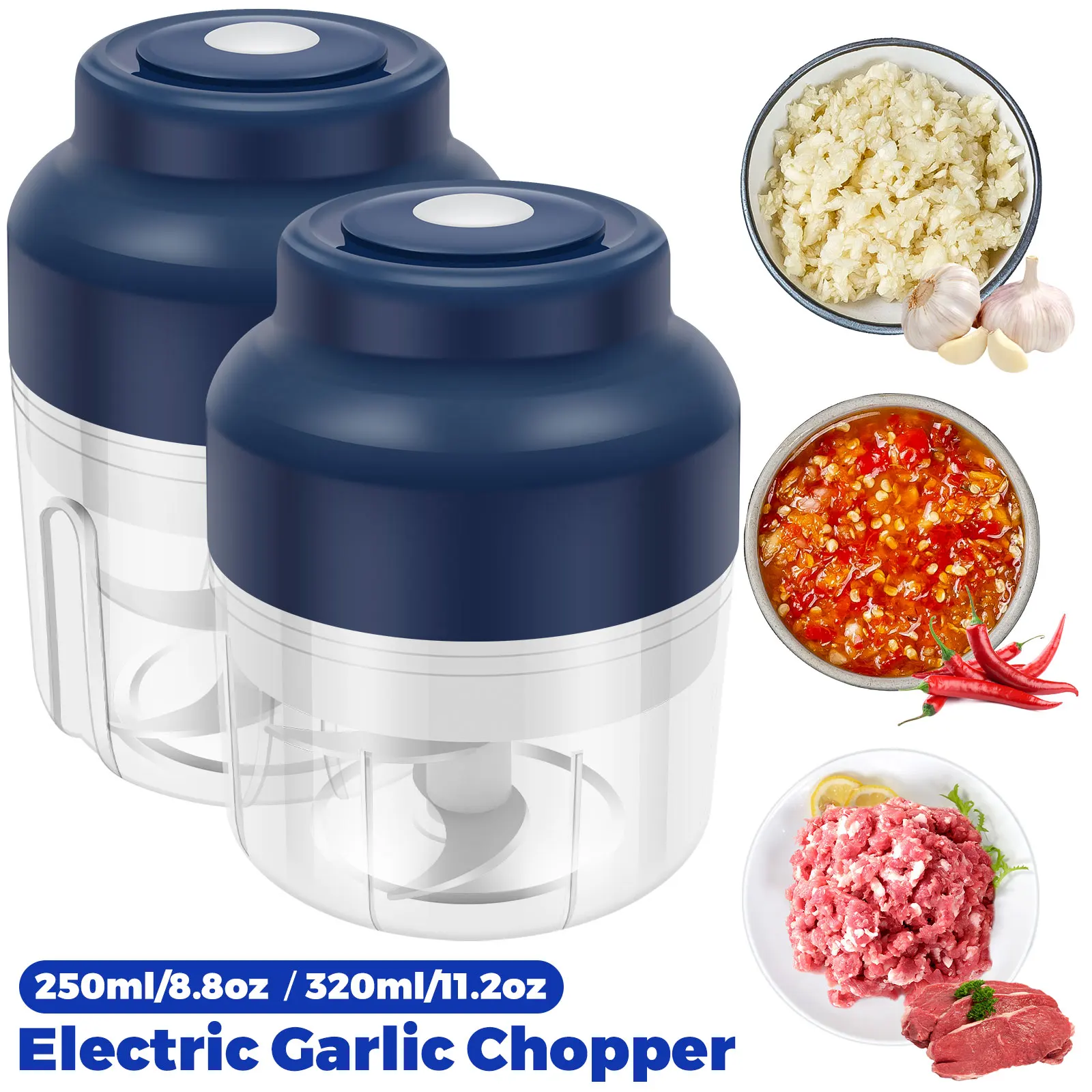 Mini picadora de ajo eléctrica, picadora de carne con carga USB de 250/320 ML, picadora de ajo desmontable, herramientas de cocina para triturar verduras