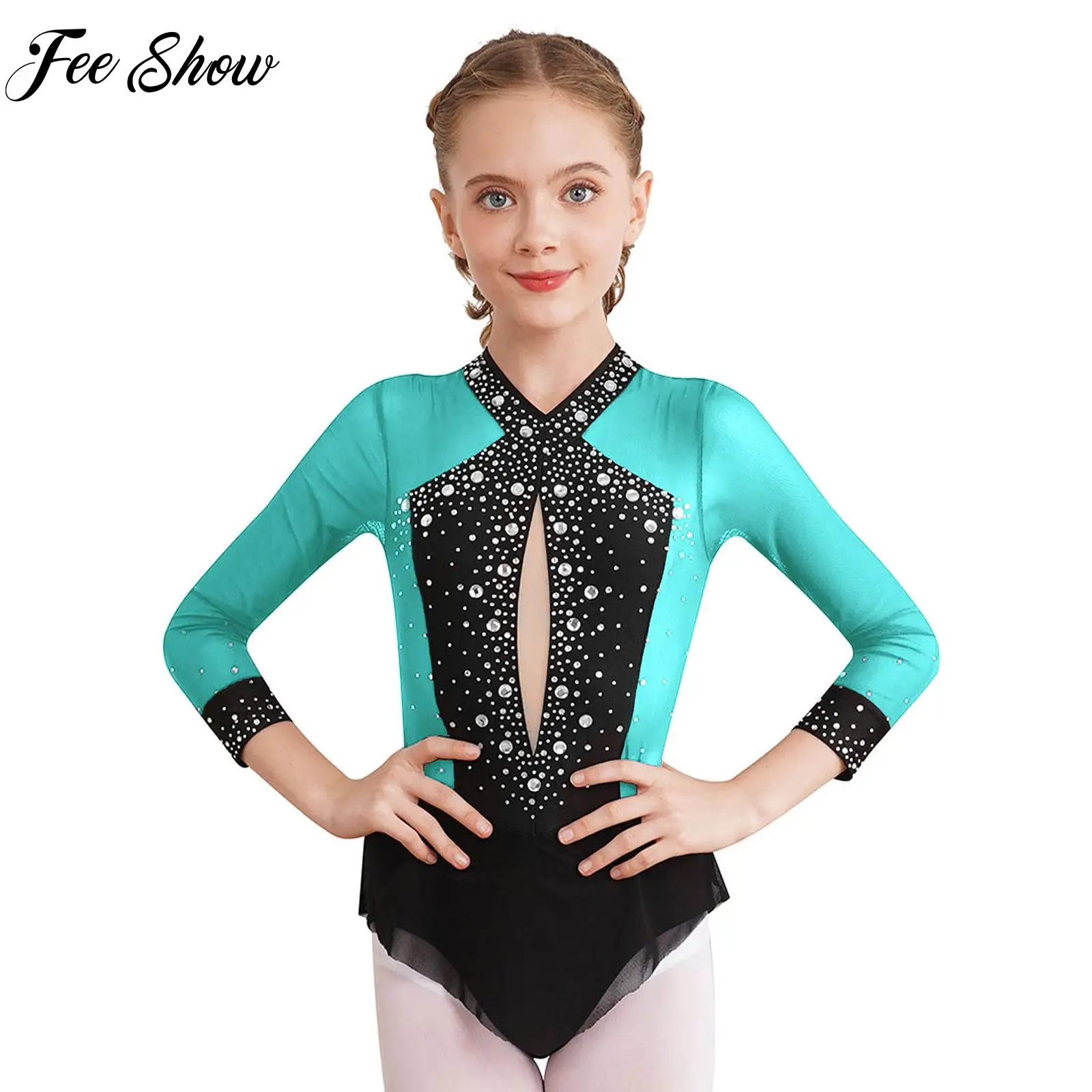 

Child Girls Gymnastics Ballet Dance Leotards Shiny Rhinestones Long Sleeve Skirted Leotard Dacne Party Figure Skating Costumes