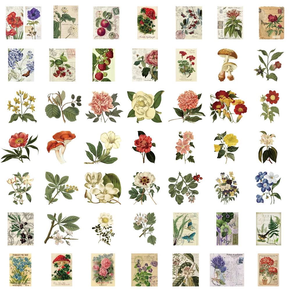 50PCS Retro Plants Art Style Stickers Decoration Plant PET Waterproof Scrapbooking Stationery Computer Paper Creative Stickers