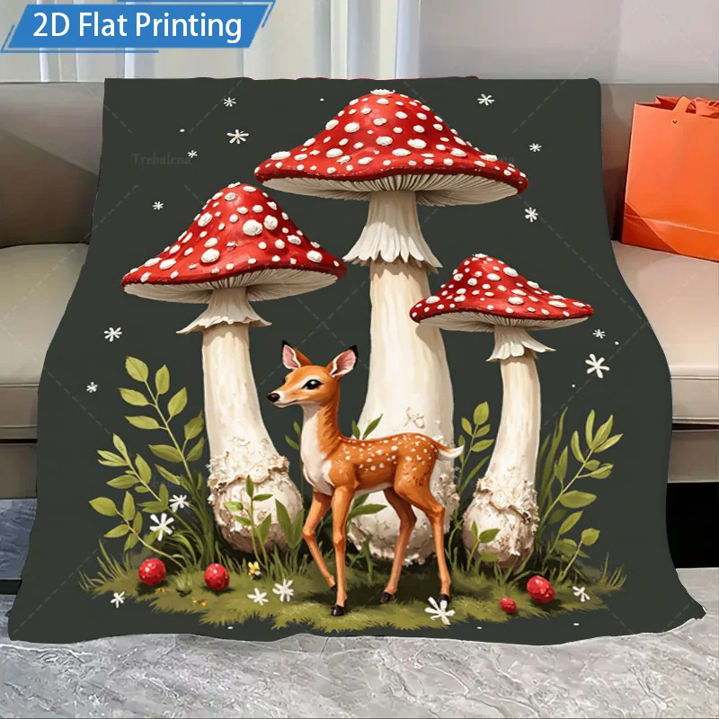 

1pc Flannel Blanket Enchanting Deer and Mushrooms Forest Scene Fleece Blanket for Cozy Home Decor