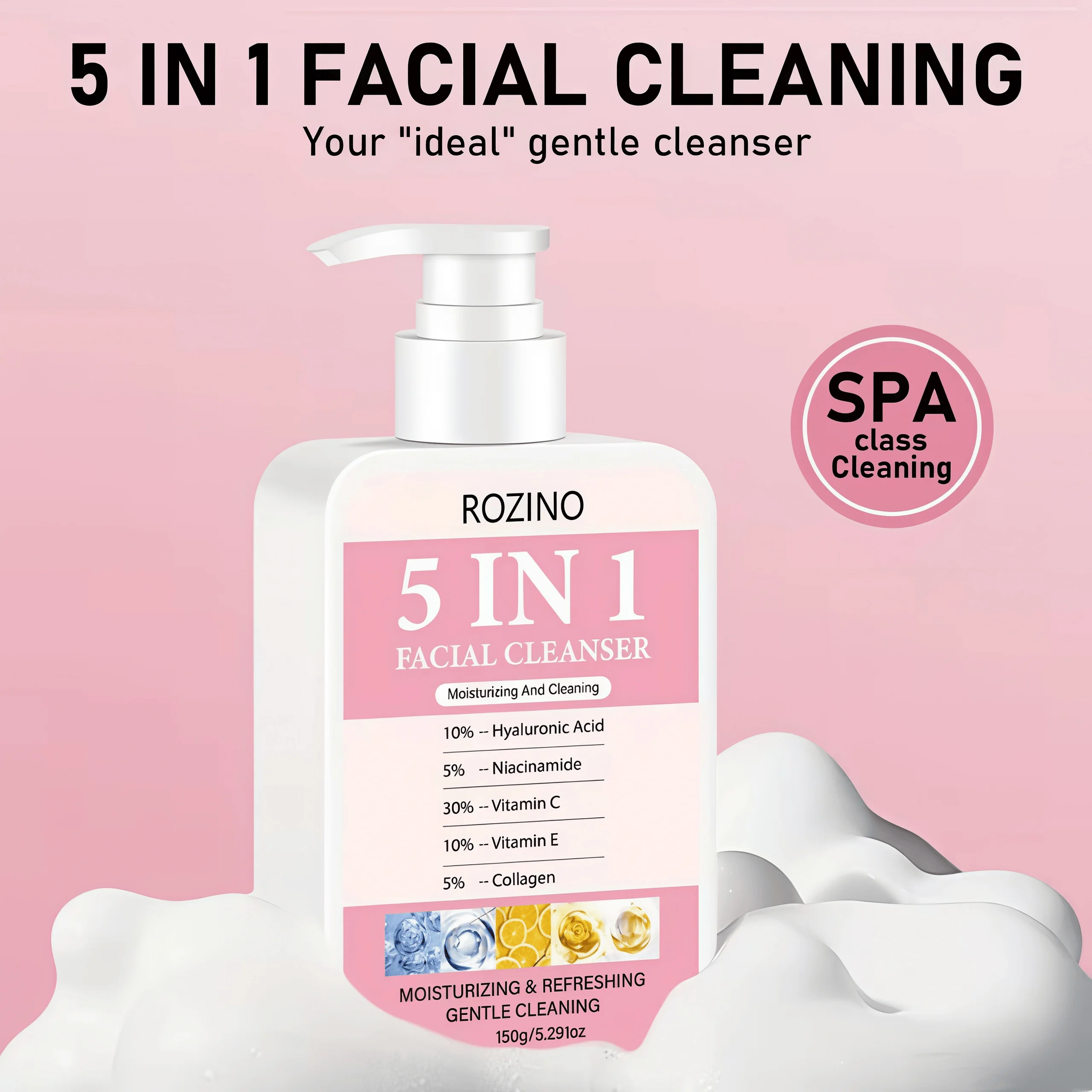 150g Large Capacity 5 in 1 Facial Cleanser, Which Combines Hyaluronic Acid, Niacinamide, Vitamin C, Vitamin E, and Collagen. Its Rich Foam Can Deeply Cleanse Oil and Dirt, Gently Cleanse, Moisturize, Brighten the Skin, Make It Smoother and More Delicate, and Is Suitable for Both Men and Women