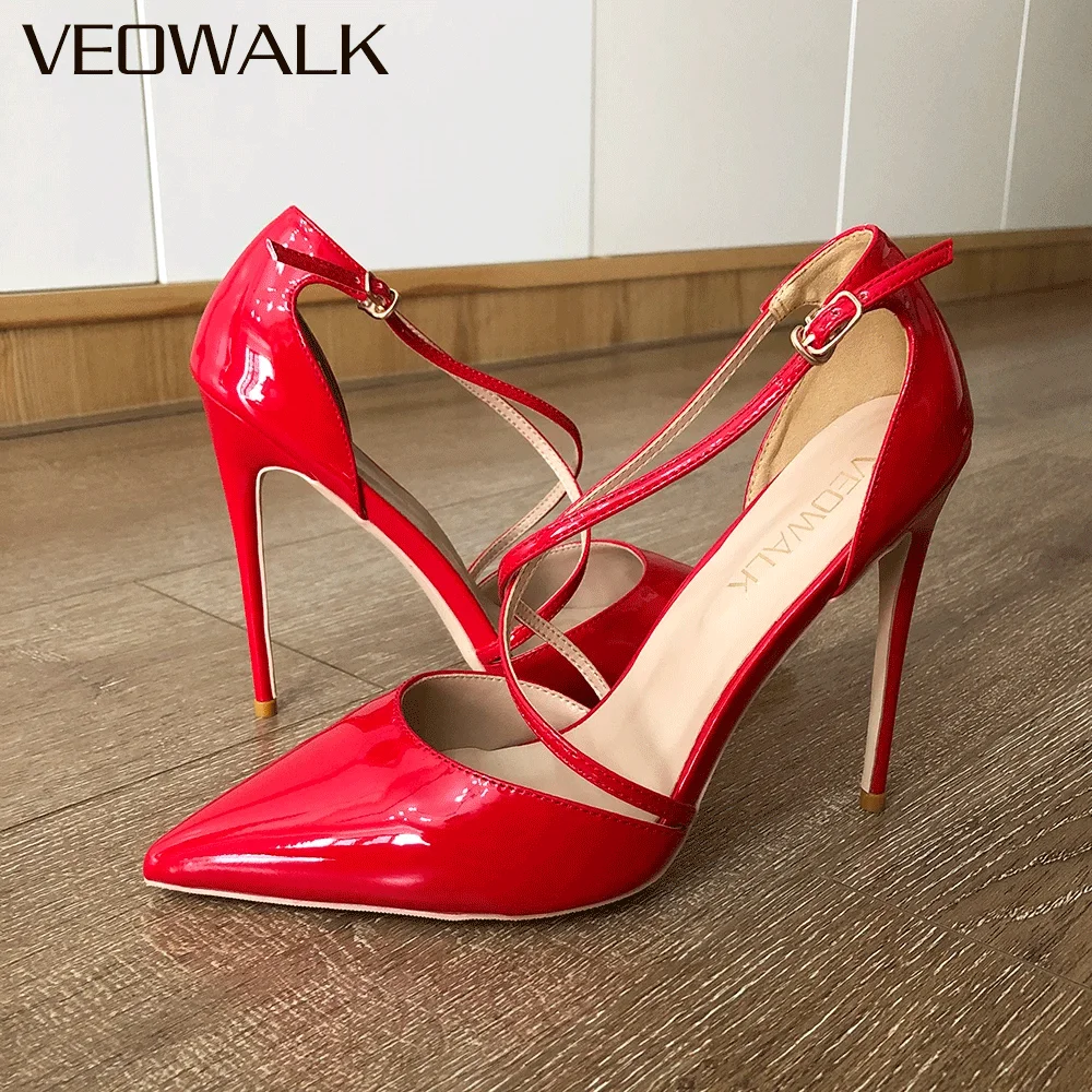 

Veowalk/женские туфли-лодочки на очень высоком каблуке 12 см на шпильке, красные лакированные туфли-лодочки с острым носком и перекрестными ремешками, пикантные женские классические вечерние модельные туфли