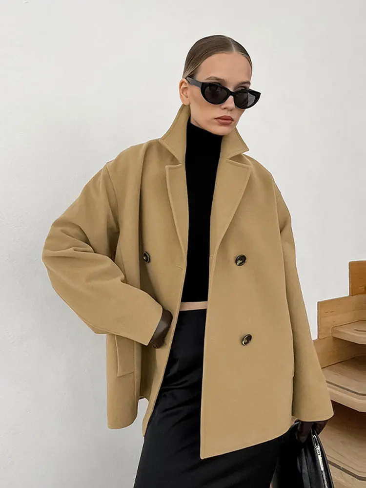 

Fashion Solid Women Coat Notched Collar Bouble Breasted Pocket Loose Female Coats 2024 Autumn Winter New Fashion Lady Overcoats