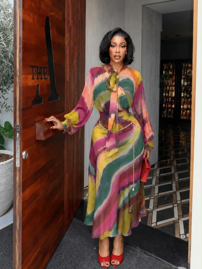 Afrikanisches Damen-Outfit in Übergröße, 2-teilig, mit Bindekragen, Langarm-Bluse mit Print, Midi-Rock-Set, elegantes, modisches, passendes Zweiteiler-Set – Detail 6