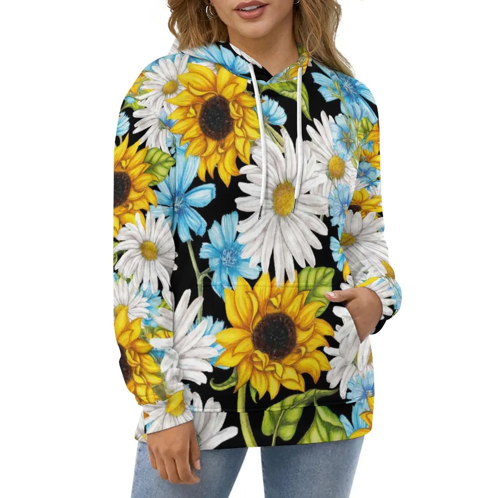 

Yellow Sunflower Art Casual Hoodies Colorful Floral Print Pretty Graphic Loose Hoodie Spring Long Sleeve Hip Hop Oversized Tops