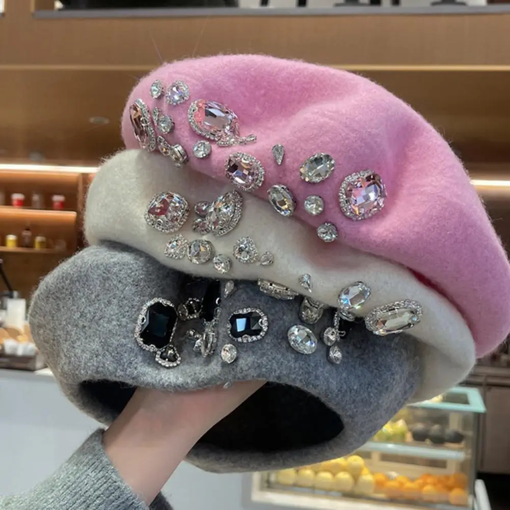 Dropshipping!! Berretto francese con strass spessi, decorazione termica senza tesa, artista di lana, cappello da pittore in stile francese,