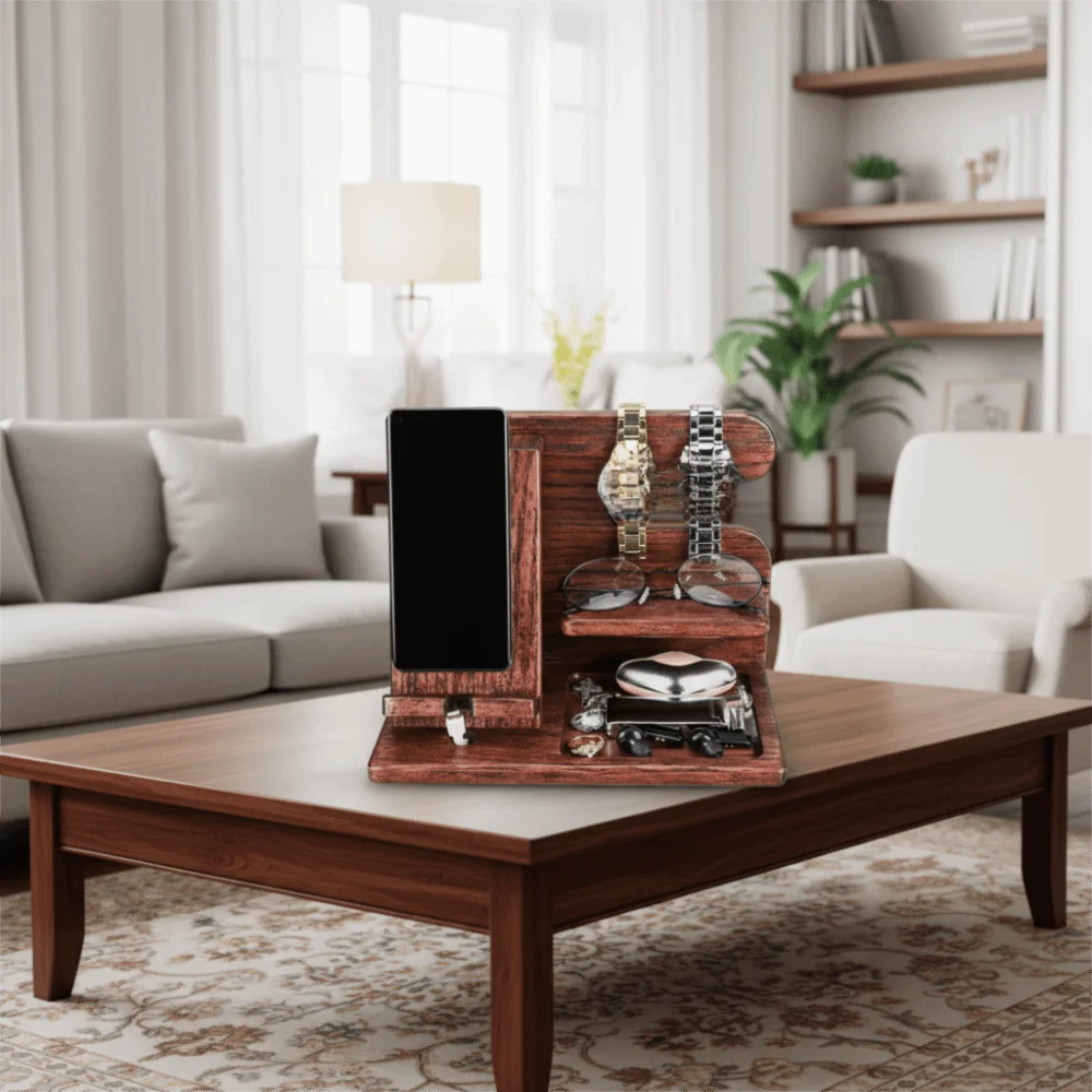 

Solid Wood Charging Phone Holder Stable Groove Design Detachable Watch Organizer Space Saving Keychain Wallet Storage Rack