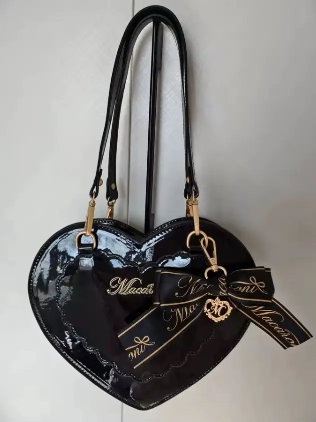 Lolita Sweet Love-shape Patent Leather Crossbody Shoulder Bag Girls Women's Cute Ribbon Bowknot Princess Totes Handbags