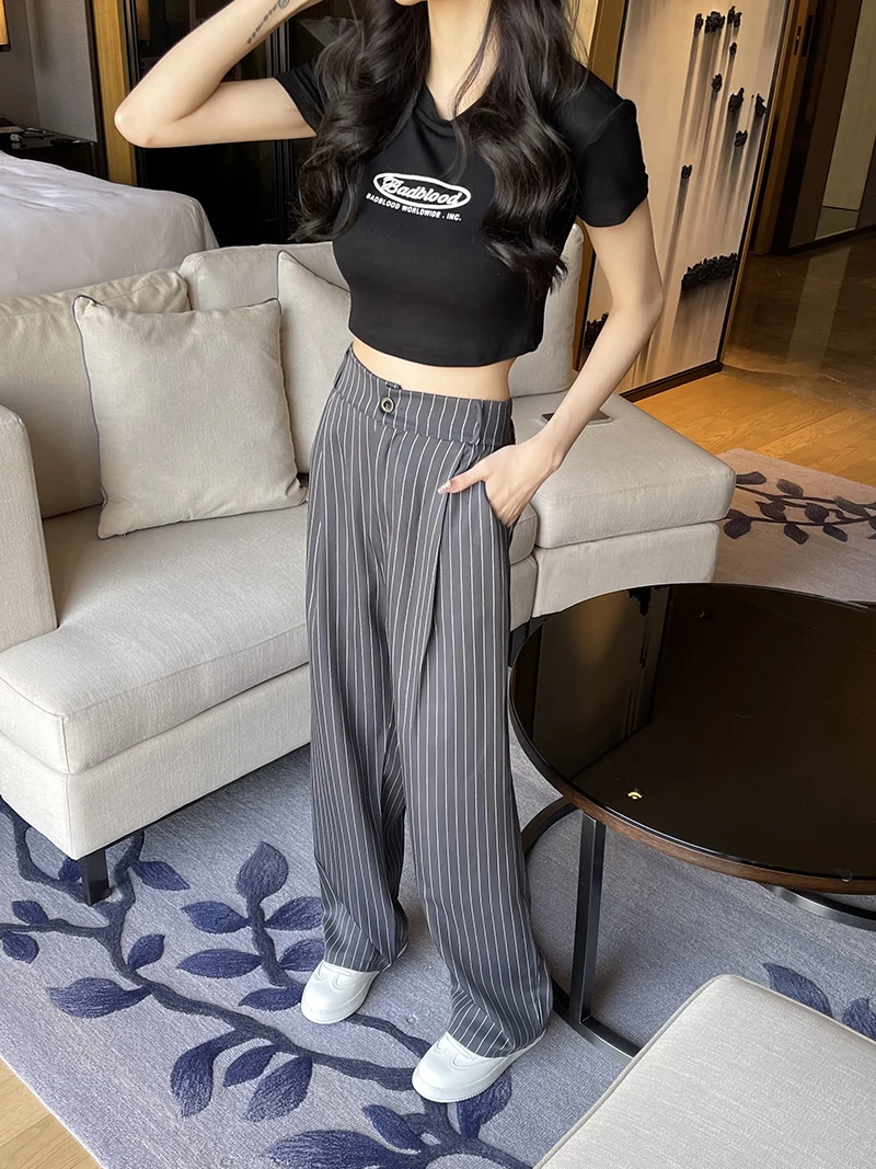 High Waist Striped Wide Leg Pants Draped Thin Summer Korean Style Commute Wind Pocket Zipper Design plus Size Slimming Trousers