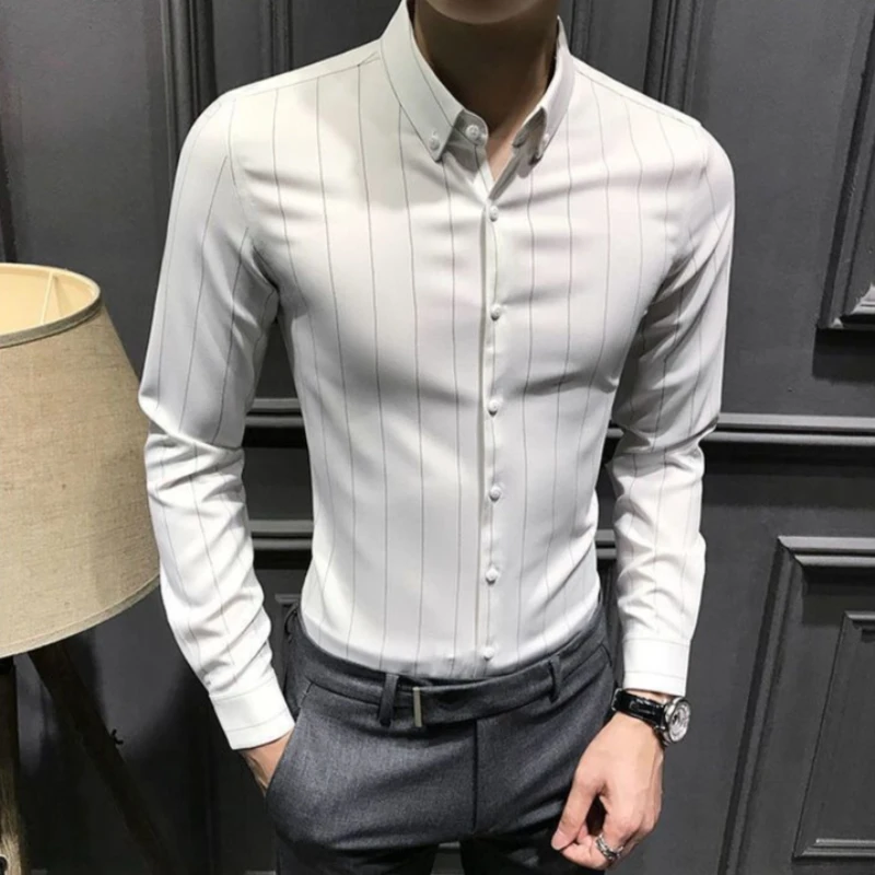 New Men's Casual Shirt Long Sleeve Non Iron Korean Trendy Vertical Stripe Slim Fit Black Business Wear