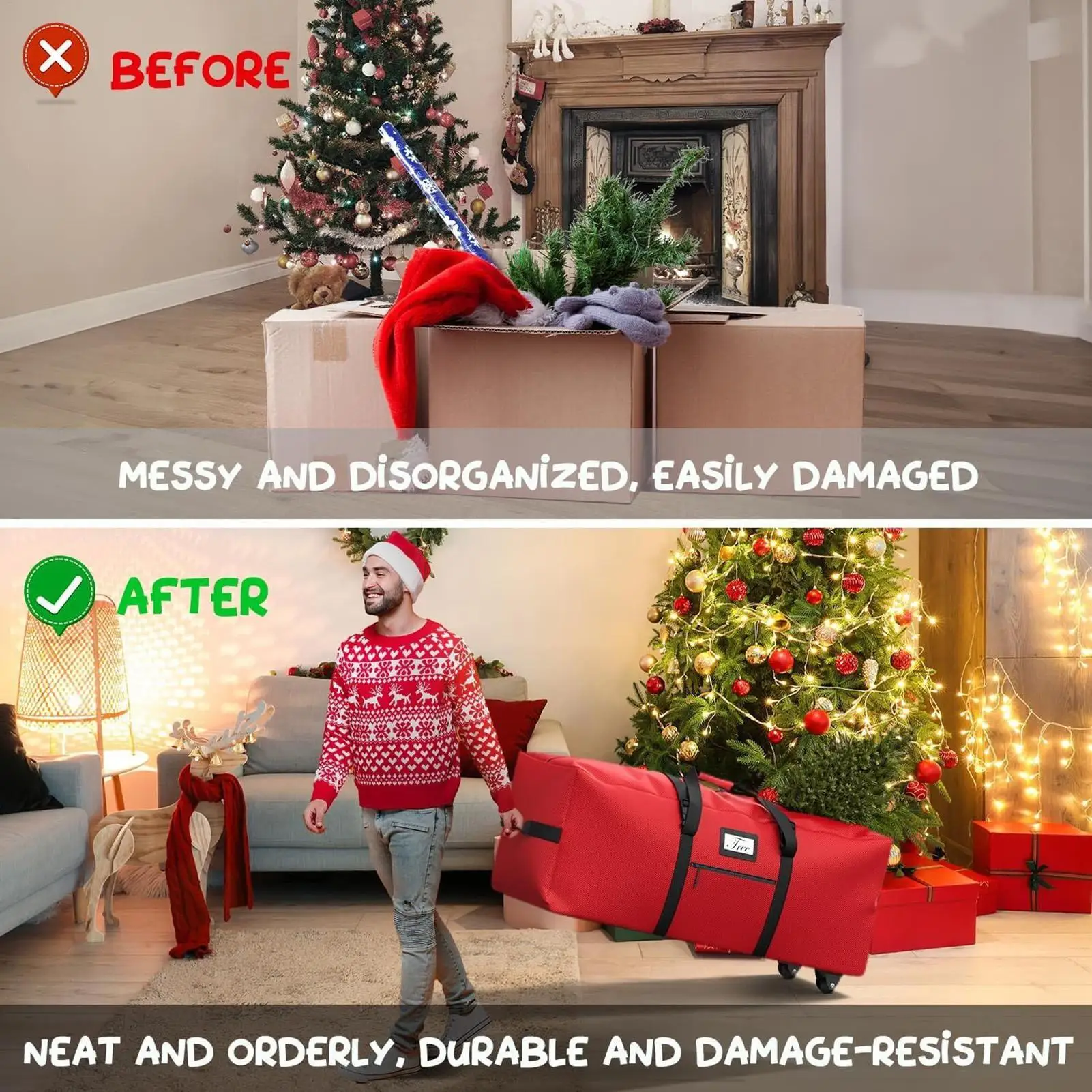 Christmas Tree Bag Zippered Holiday Decorations Tote Container Rolling Christmas Tree Bag With Wheels For Garland Travel Outdoor