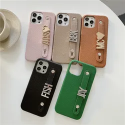 Holding Strap Personalised Name Silver Gold Metal Letters Leather PU Phone Cases For Iphone 15 14 13 12 11 16 Pro Max Cover Hard