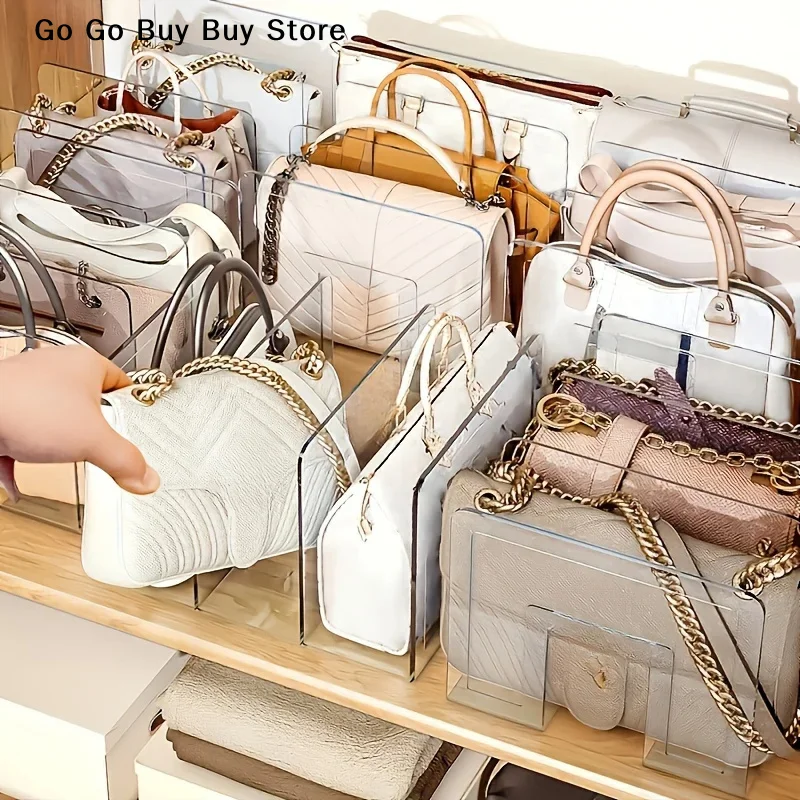 【A】Plastic Purse Handbag Organizer 4 Sections Bag Closet Shelf Divider Purse Display Stand Handbag Home Storage Organizer Holder