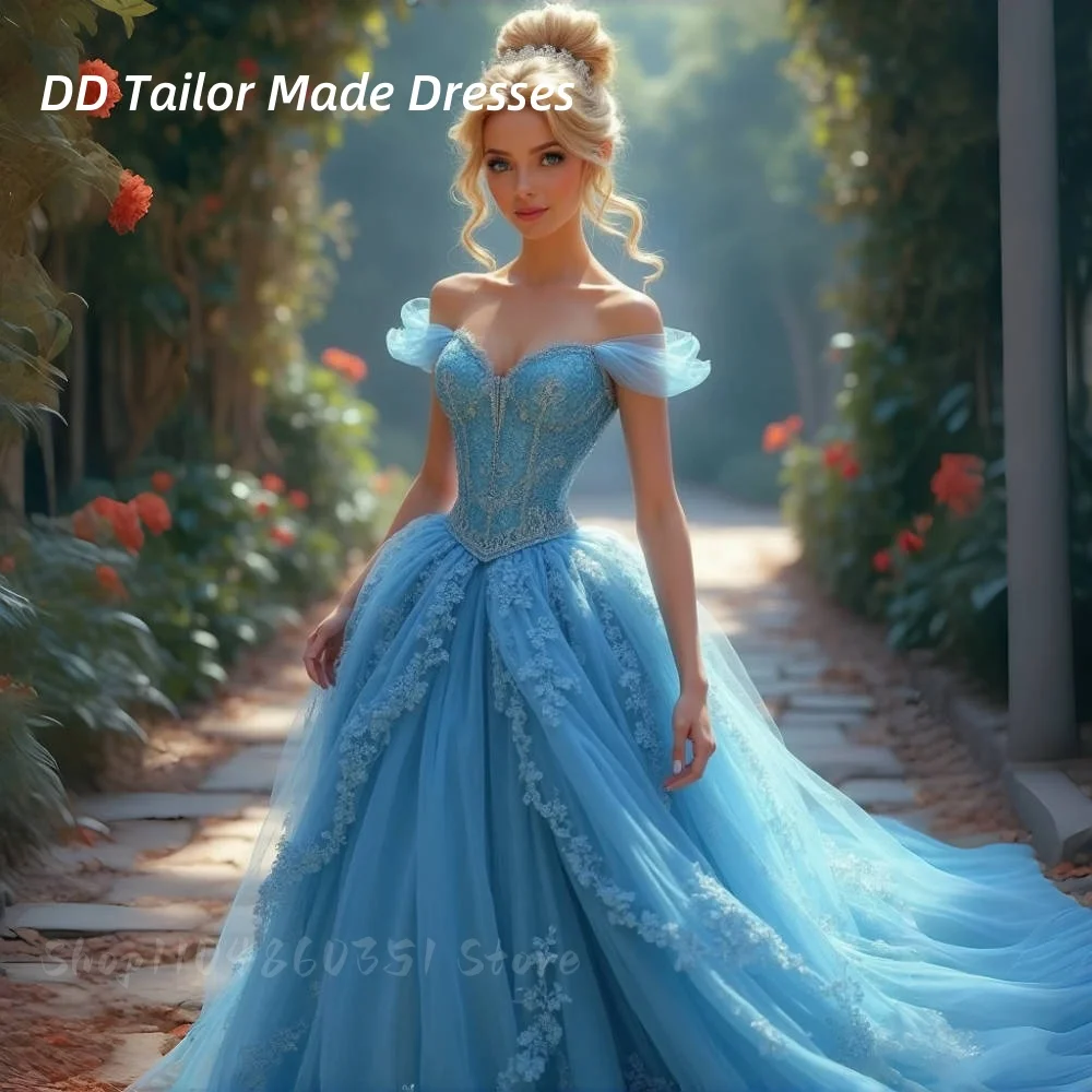 فساتين الأميرة مستوحاة من سندريلا Quinceanera بدون أكتاف أزرق سماوي تول الأميرة 16 فستان حفلة موسيقية مناسبة مخصصة