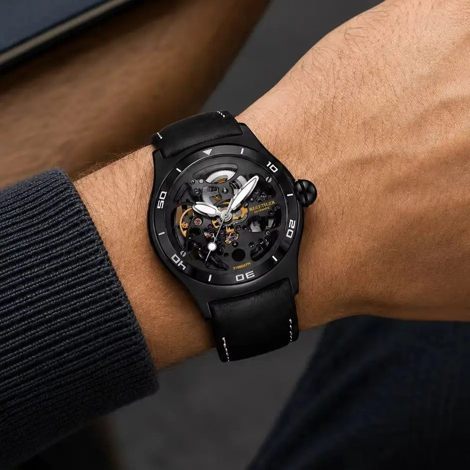 Reef Tiger Men's Stylish Skeleton Automatic Watch Featuring a Sporty Design, a Leather Strap, and Luminous Hands. RGA70S7-2