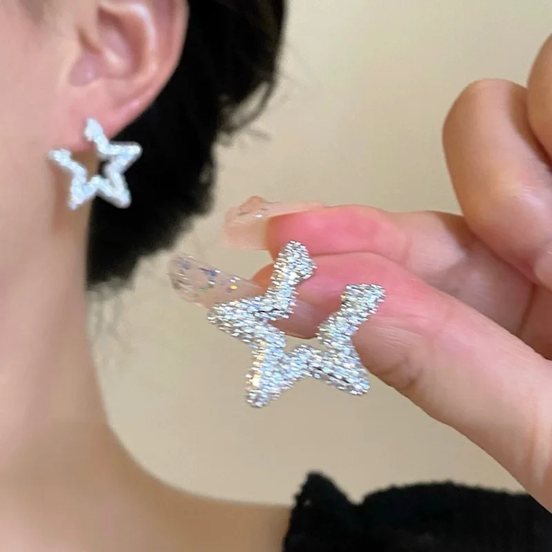 Luxurious Silver Color All Rhinestone Star Earrings For Women 2023 New Fashion Pop Shiny Earrings Birthday Gift Jewelry