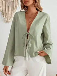 Sexy Lace Up Hollow Out Shirt Women Loose Solid V-neck Lantern Sleeve Tops Female 2024 Summer Casual Fashion Lady Short Blouses