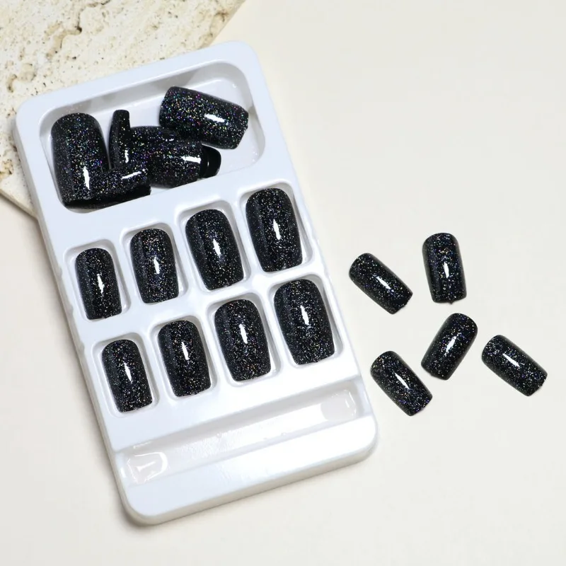 Faux ongles noirs pailletés pour femmes et filles, ensemble de 24 pièces, à coller, à pression, bon marché, N64.N64.