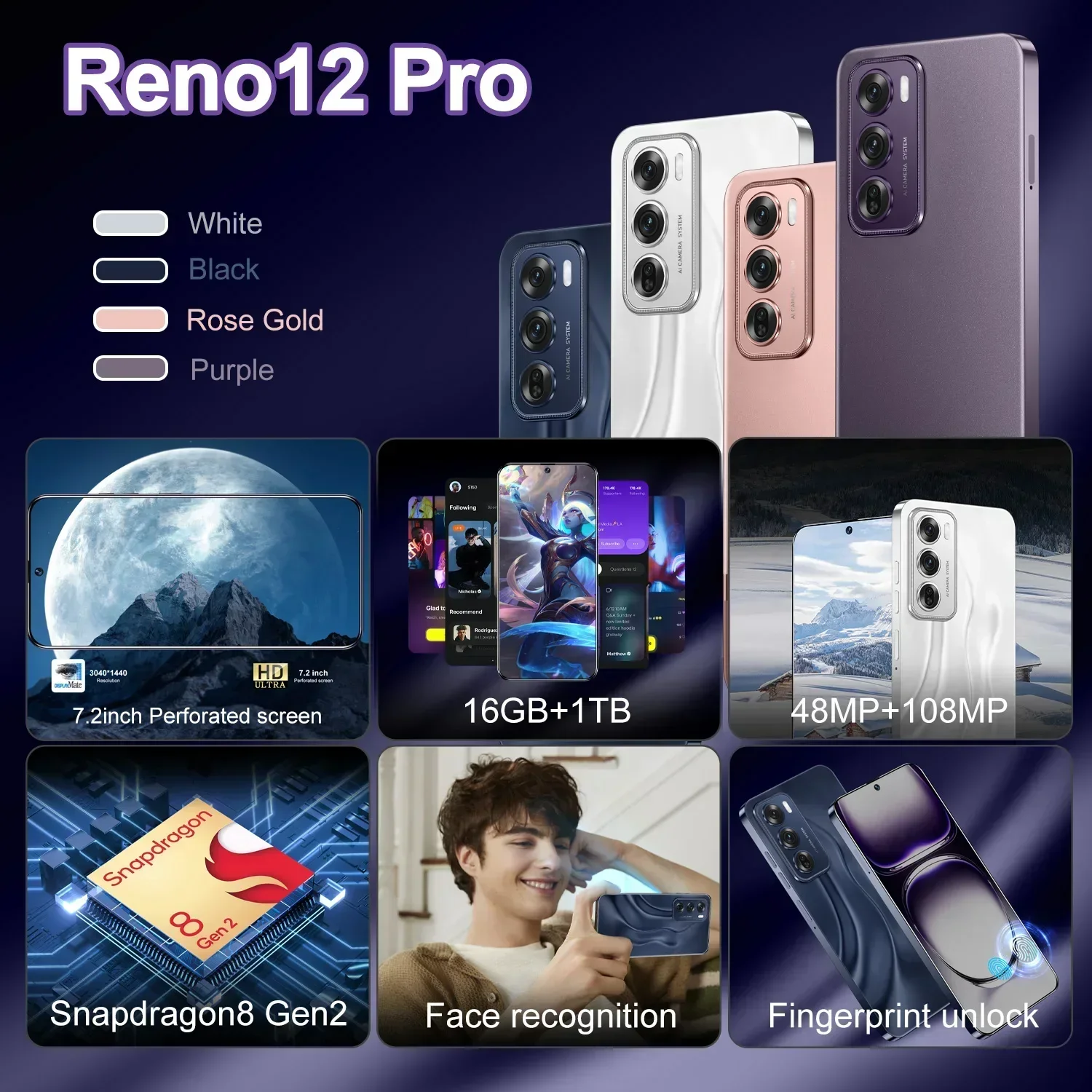 Reno12 Pro Smartphone with 7.2'' HD Screen 16GB+1TB Memory 5G Snapdragon 8 Gen2 Processor Dual SIM Cards, and 48MP+108MP Camera