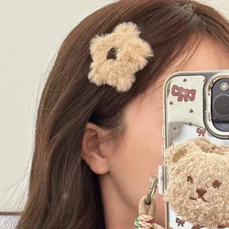 1/4pcs Y2K Girls Sweet Fluffy Star Hairpins Children Kids Faux Fur Bobby Pin Solid Color Pentagram Hair Clip Cute Side Hair Grip