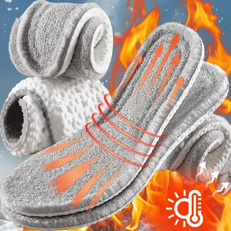 2pcs Wool Thermostatic Thermal Insoles Women Men Winter Self-heating Plush Shoe Pads Soft Thicken Feet Care Arch Support Inserts