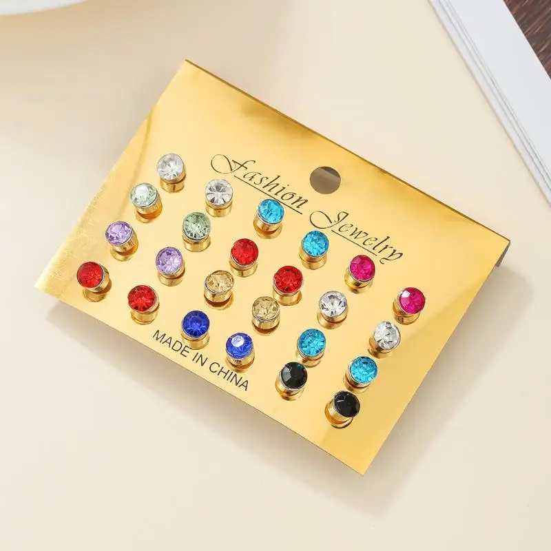 Rhinestone Stud Earrings Set 12 Pairs Colorful Shiny Crystal Fashion Jewelry for Women Daily Outing Wear
