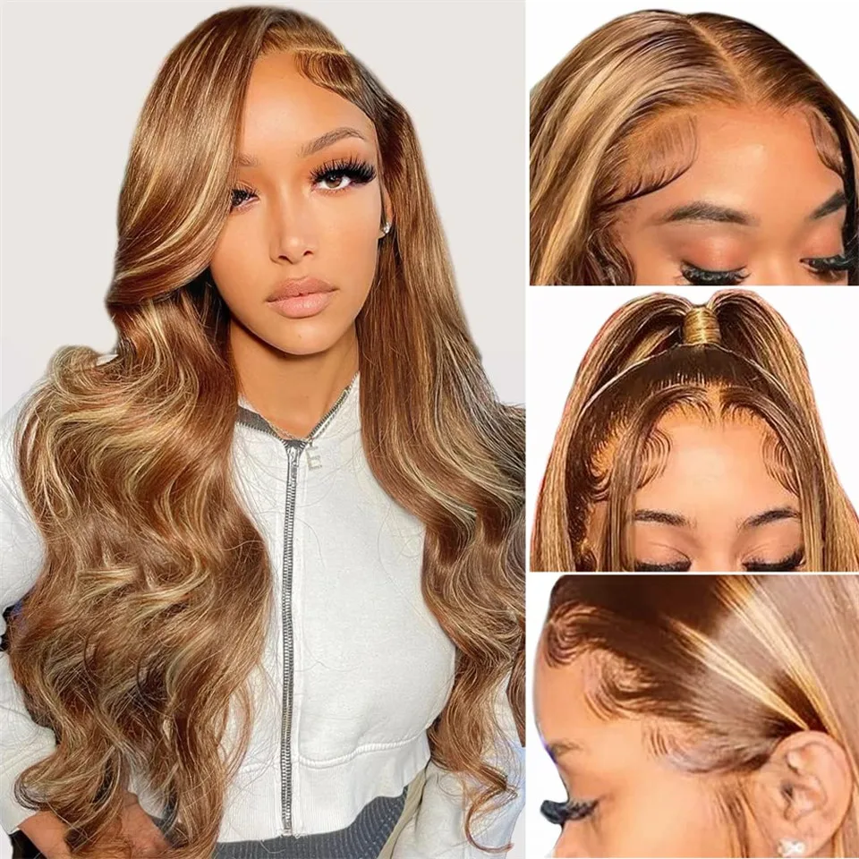 Perruque Lace Front Wig Body Wave Naturelle Blond Miel, Cheveux Humains, Pre-Plucked, Highlight, Density 180, 13x4