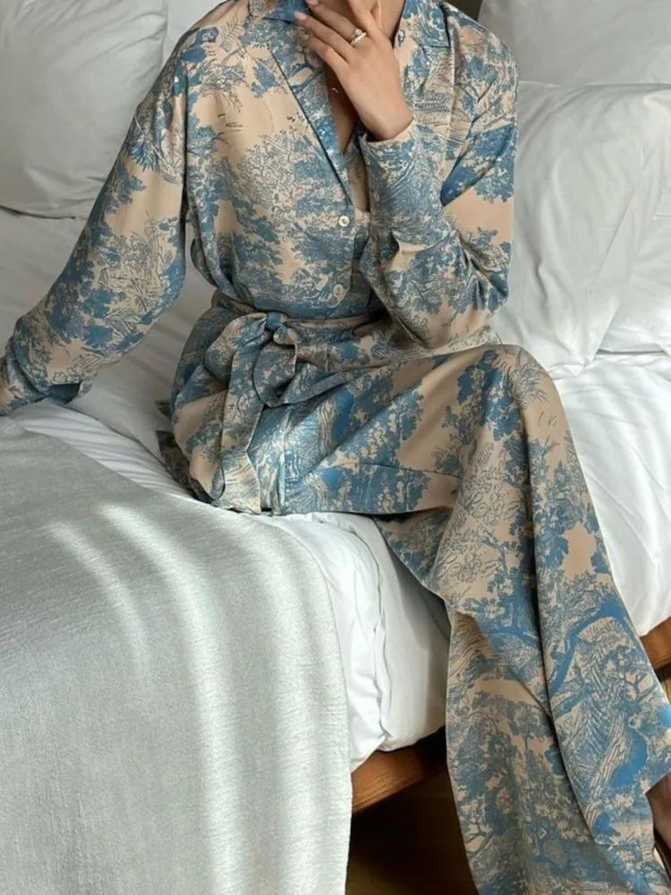 

Lady Fashion Print Sets Outfits Elegant Long Sleeve Turn-down Collar Lace-up Shirt Tops+Wide Leg Pants 2 Pieces Set For Woman