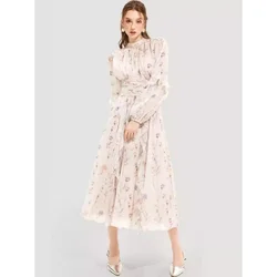 European and American New Fall Winter Fashion Chiffon Printed Ruffles Temperament Long Sleeve Evening Dress Dress