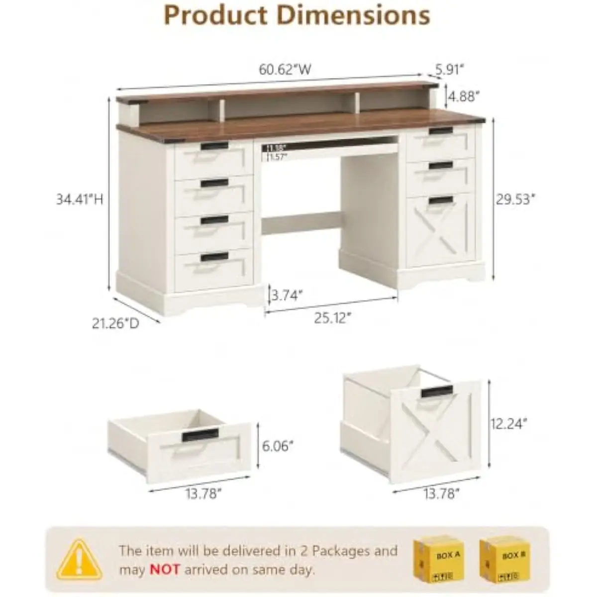 60.62 inch farmhouse executive desk in white and brown finish with 8 storage drawers including A4 file compartment plus pull-out