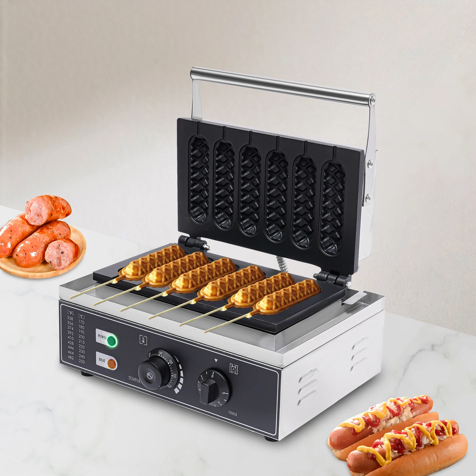 

Hot Dog Machine 1500W 6-channel Design Countertop Stainless Steel Hot Dog Waffle Maker 50-300℃ Temp Control
