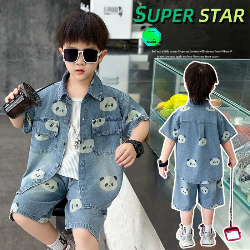 

New Hot Selling Boys' Denim Short Sleeved Shorts Set for Summer 2025, Fashionable and Casual 2-piece Set with Panda Design