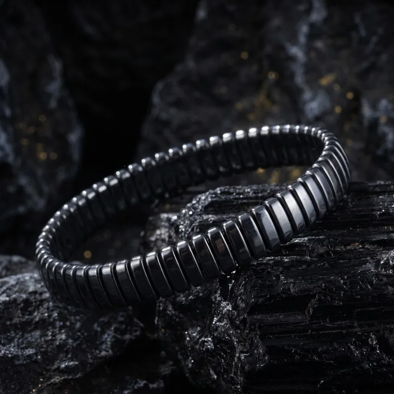 Flat round hematite stretch bracelet minimalist solid black stacked mens fashion wrist band