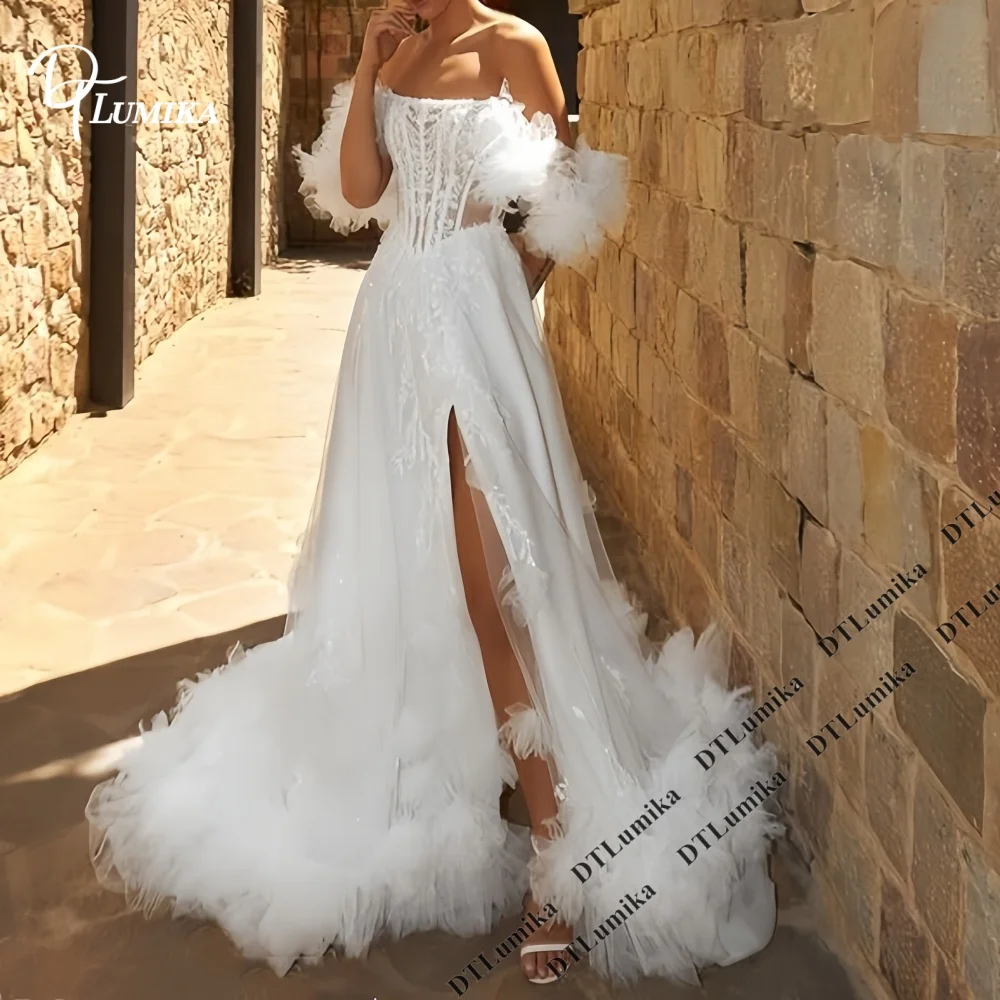 Customized Ruched Train A Line Wedding Dress French Style Long Bride Dresses with Off Shoulder Sleeves High Slit Bridal Gown