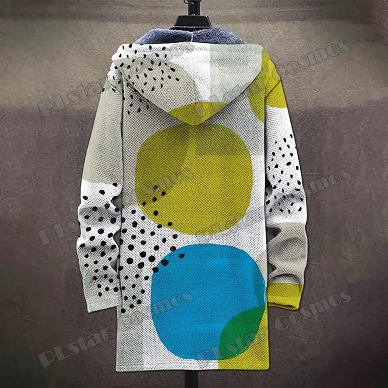 Men's Winter Fashion Long Hooded Coat Vintage Abstract Geometric Art 3D Printed Plush Thick Long-sleeved Fleece Jacket Coat AZ05