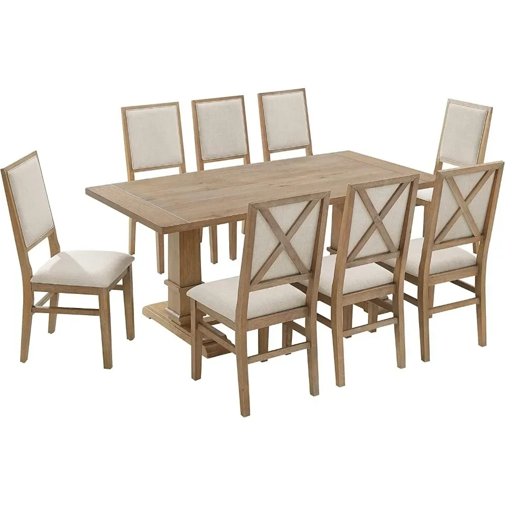 

Joanna 9-Piece Modern Farmhouse Dining Table Set for 8 with Upholstered Chairs, Rustic Brown/Creme